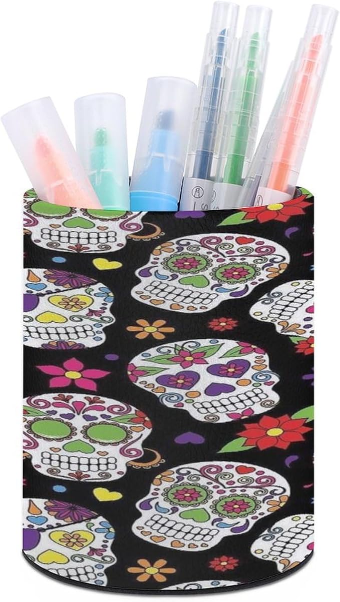 Colorful Vintage Sugar Skull Pen Holder for Desk Stylish Cute Pencil Holder Multifunctional Leather Pencil Cup Large Capacity Pen Organizer Modern Minimalist Makeup Brush Holder for Home Office - sugar skull makeup
