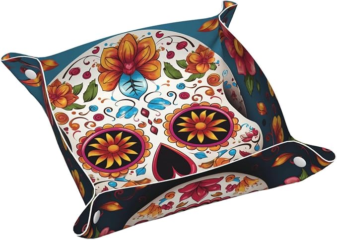 PU Leather Jewelry Valet Tray for Men Women, Elegant Desktop Storage Organizer, Portable Travel Storage Dish Plate Colorful Sugar Skull Nightstand Storage Box for Key Phone Wallet Small - skull plate
