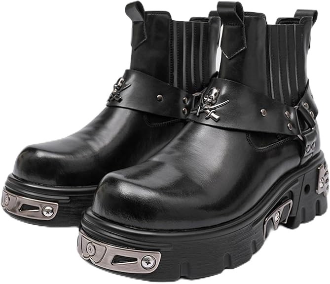 ORNVEION Men's Gothic Biker Chelsea Boots Black Faux Leather Upper Buckle Elastic Band Design Chunky Platform Heel Round Toe Lightweight Y2K Footwear For Punk Street Fashion Alternative Events - sugar skull boots