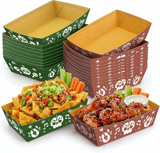 KatchOn Mexican Nacho Boats 50 Pack, Day of the Dead Paper Food Trays - skull plate