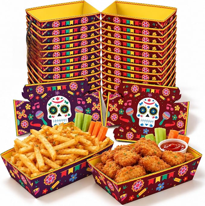 KatchOn Day of the Dead Food Trays 50 Pack, Sugar Skull Paper Nacho Boats - skull plate