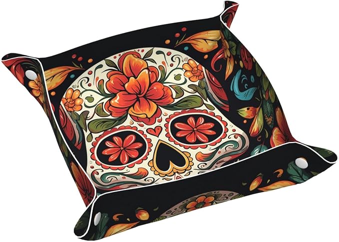 PU Leather Jewelry Valet Tray for Men Women, Elegant Desktop Storage Organizer, Portable Travel Storage Dish Plate Colorful Sugar Skull Nightstand Storage Box for Key Phone Wallet Small - skull plate