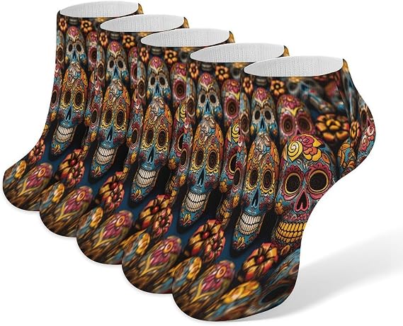 Colorful Sugar Skulls Ankle Socks for Women Men Cozy Crew Socks Non Slip No Show Sock Comfort Breathable Casual Sock 5 Pack - sugar skull costume