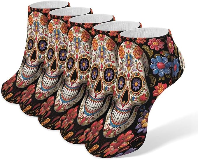 Sugar Skulls Ankle Socks for Women Men Cozy Crew Socks Non Slip No Show Sock Comfort Breathable Casual Sock 5 Pack - sugar skull costume