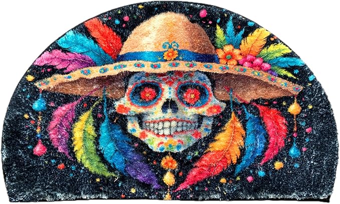 Soft Skull Semi Circle Floor Mat Non-Slip Bath Rugs Half Round Bathrug Doormat Comfortable Bathroom Decor Goth Bathmat Cozy Skeleton Door Rug (Day of the Dead) - skull toilet mat
