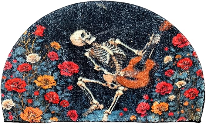 Goth Skull Half Round Bathrug Doormat Skeleton Outdoor Rug Non-Slip Bath Rugs Semi Circle Floral Bathroom Door Mat Cool Mats Decor Gothic Style Bathmats (Rose) - skull toilet mat