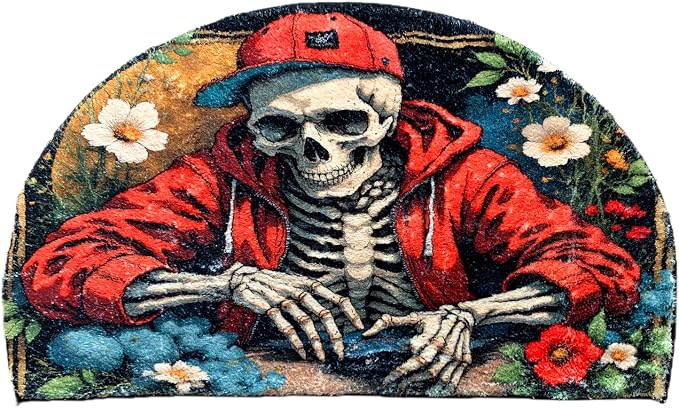 Goth Skull Half Round Bathrug Doormat Skeleton Outdoor Rug Non-Slip Bath Rugs Semi Circle Floral Bathroom Door Mat Cool Mats Decor Gothic Style Bathmats (Hippie) - skull toilet rug