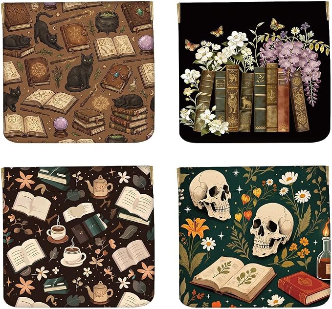 4Pcs 4 Styles Book Coin Purse 4.7 x 4.3 Inch Leather Squeeze Pouch Gothic Books Skull Flowers Theme Small Wallet Waterproof Durable Mini Change Bag for Women Men Shopping Daily Use Gifts - skull wallet