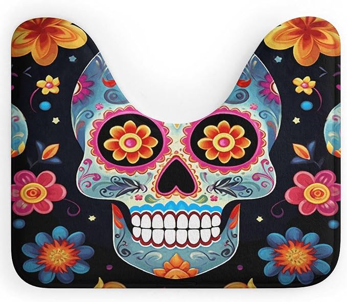 Sugar Skulls Toilet Rugs Non-Slip U Shaped Bathroom Rug Comfortable Toilet Bath Mat Commode Contour Rug Quick Dry Low Pile Toilet Mat Soft Floor Mats for Bathroom - skull toilet mat