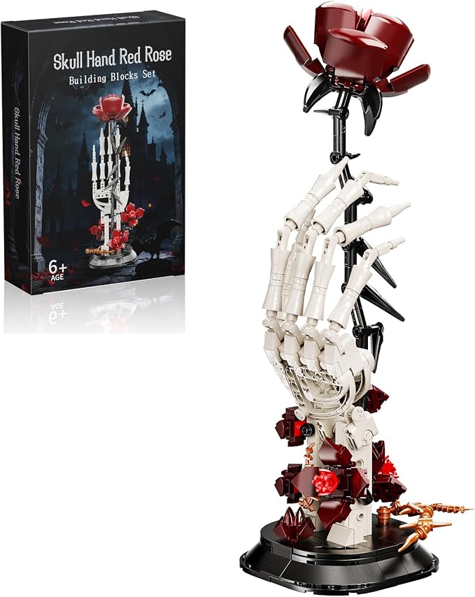 Skull Rose Building Set, Gothic Skull Hand Style Desktop Decorations Ornaments, Dark-Themed Toys, Creative DIY Building Block Gifts - skull figurine