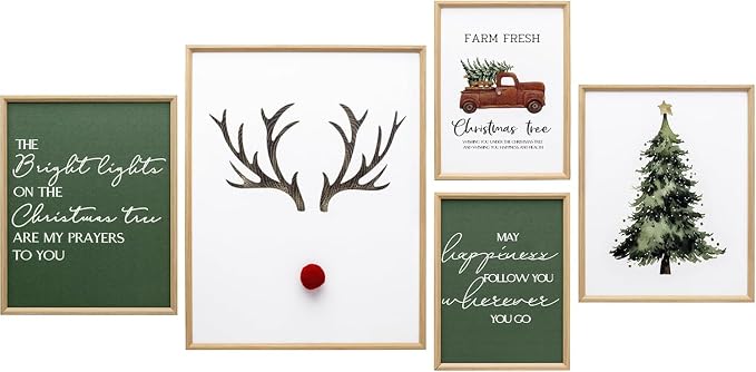 ArtbyHannah Framed Christmas Wall Art Decor, Xmas Tree Deer Prints (Green) - skull wall art