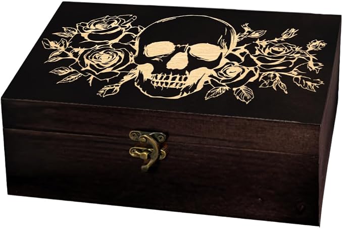 arricraft Skeleton Skull Rose Wooden Memorial Storage Box with Hinged Lids