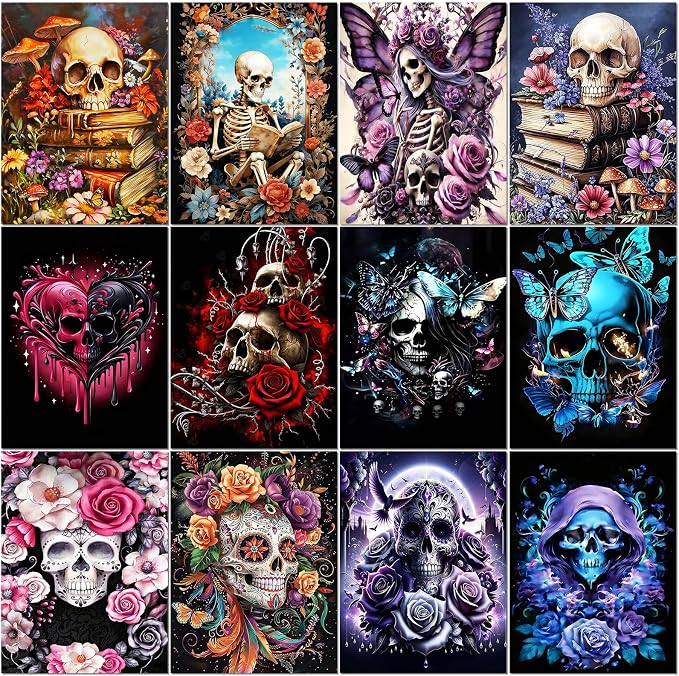 BWFY 12 Pack Skull Diamond Painting Kits for Adult, 5D Diamond Art Kit Paint by Number for Beginners, DIY Paint with Round Full Drill Diamonds Paintings Art for Home Wall Decor Gift (Skull) - skull wall art