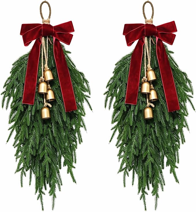 Christmas Teardrop Swag, Christmas Pine Needles Front Door Wreath,Bow Bells - skull wreath