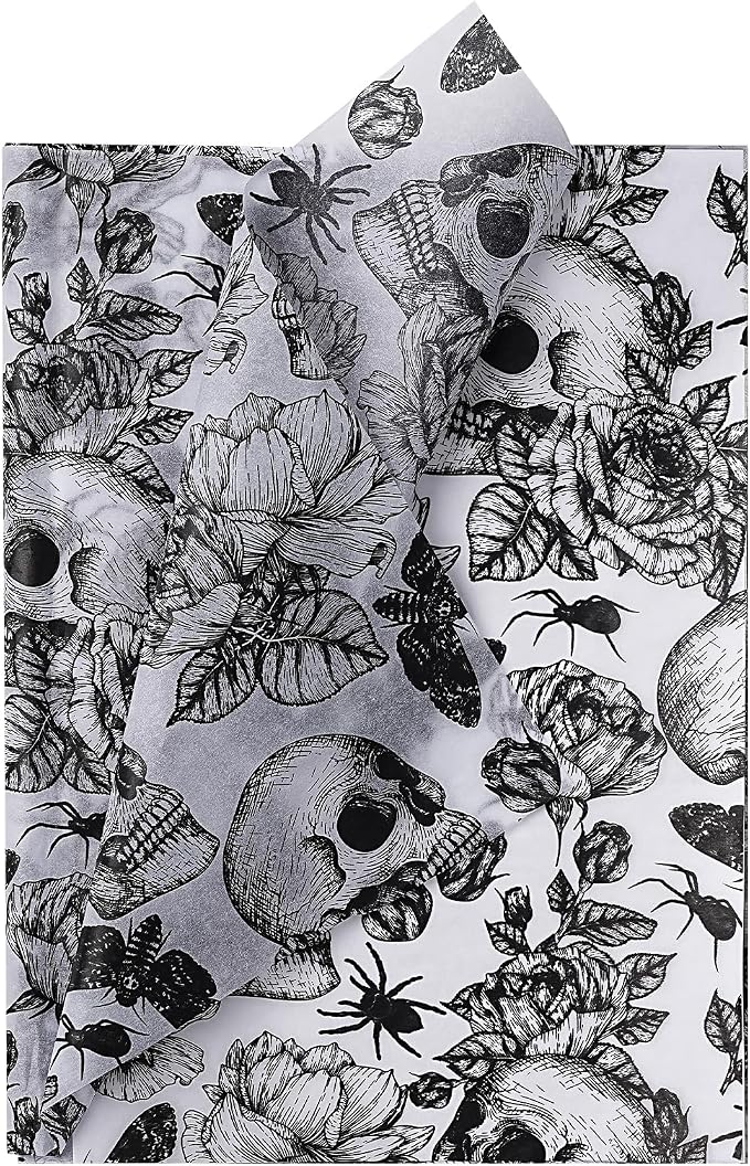 WRAPAHOLIC Vintage Halloween Wrapping Tissue Paper - 30 Sheets 14x20 Inch Black White Goth Floral Skull Tissue Paper Bulk for Halloween Decorations, Birthday, Holiday, Party - skull toilet paper