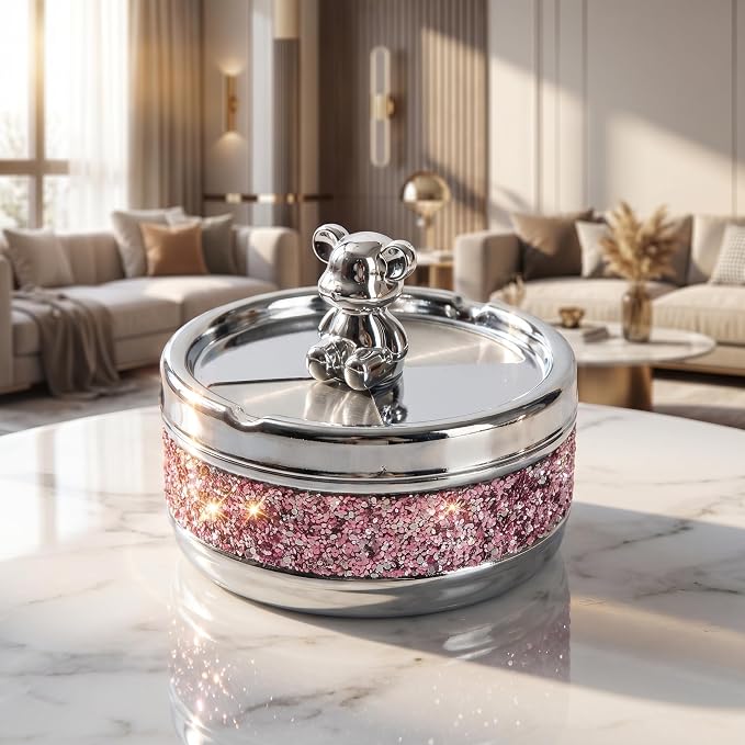 Cigarette Ashtray with a Bear-Shaped Handle and Swivel Lid, Desktop Smoking Ash Tray for Home Office Decoration with 2 Holder - skull ashtray