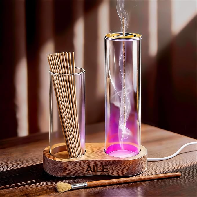 Incense Holder Lamp for Sticks, 2 in 1 Glass LED Glowing Incense Burner Holder with Ash Catcher & Incense Sticks Organizer for Meditation Yoga Spa Home Decor - skull incense burner