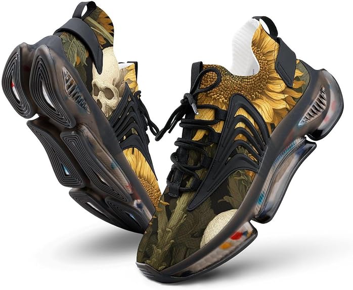 Sunflowers with Skulls Running Shoes for Men Low Top Athletic Training Shoe Sports Walking Gym Sneakers - sugar skull boots