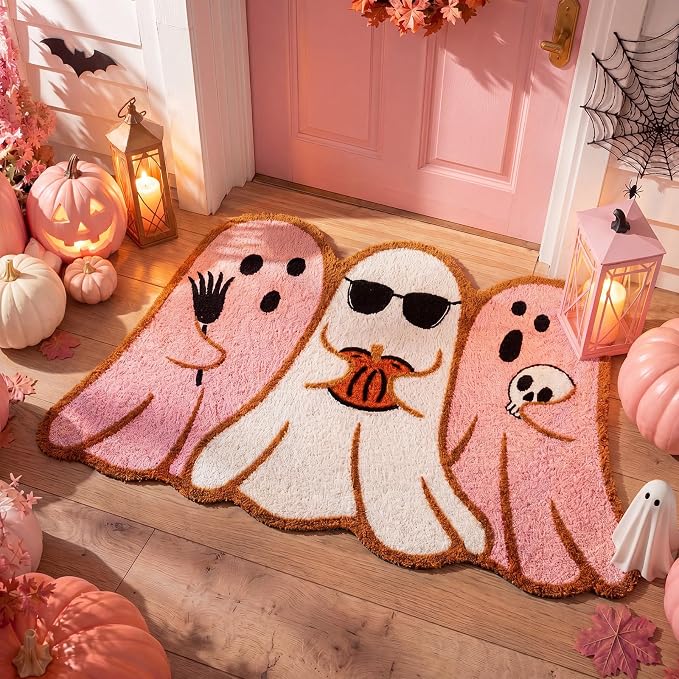 Pink Halloween Ghost Doormat 30x17 in, Pink Halloween Outdoor Decor - skull door mat