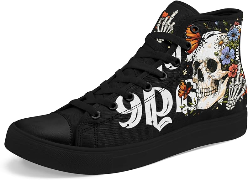 Gothic Skull High Top Canvas Sneakers for Men Women, Punk Floral Lace Up Shoes Casual Streetwear Fashion Sneakers - sugar skull boots