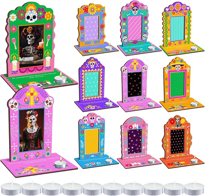Yookeer 10 Pcs Day of the Dead Photo Frames Fits 4x6 Pictures, Candle Slot - skull candle