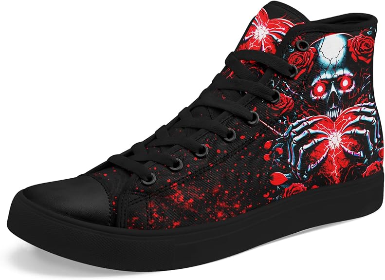Men Women Gothic Heart High Top Canvas Sneakers Punk Skull Lace Up Shoes Casual Streetwear Anti Slip Sneakers - sugar skull boots