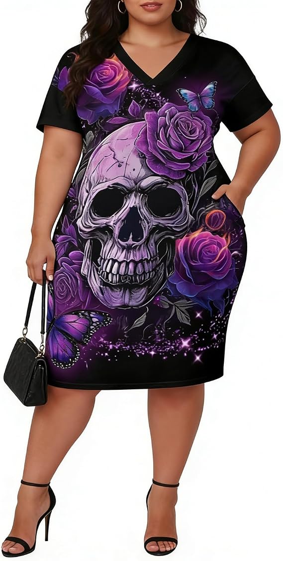 Women Plus Size Casual Printed Midi Dresses V Neck Summer Dresses with Pockets Size XL-5XL - sugar skull dress