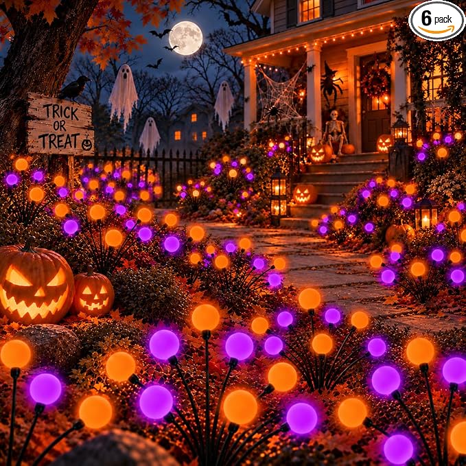 OZS 6 Pack Orange Purple Halloween Decorations Outdoor Solar Firefly Lights - skull wreath