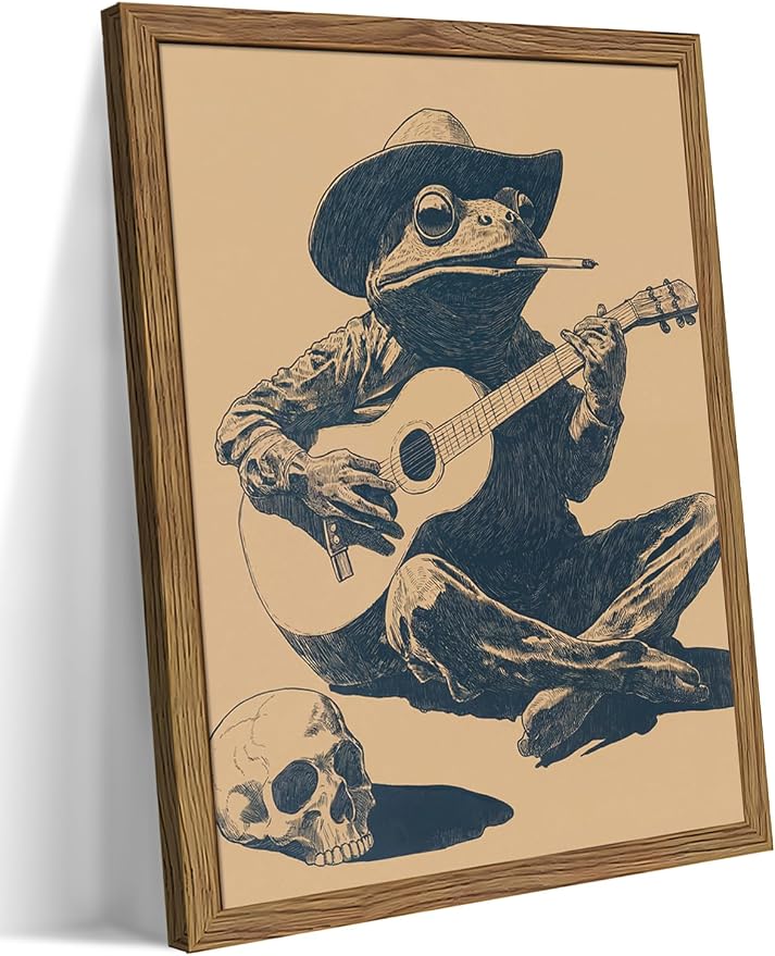 Framed Vintage Frog Cowboy Wall Art, Funny Frog Playing Guitar Canvas Prints, Retro Style Music Animal Artwork with Skull, Rustic Western Wall Decor for Living Room Bedroom Bar Office 8x10in