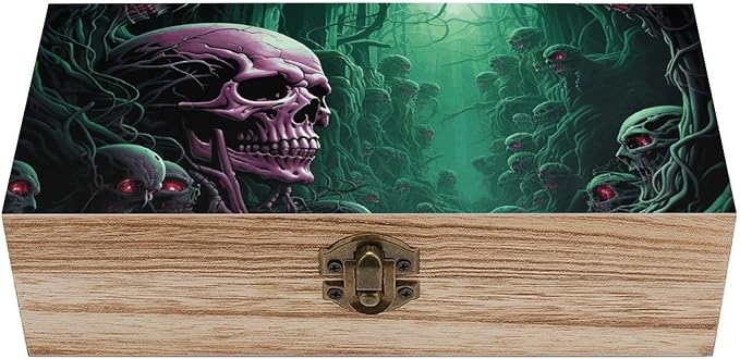 Small Wooden Storage Box with Lid – 7.9×3.9×2.3 Inch Skull Under Green Light Jewelry Box Vintage Keepsake Boxes Portable Jewelry Organizer Wood Trinket Box for Photos, Letters, Gifts