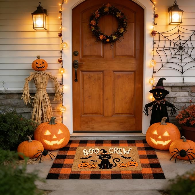 Halloween Decor Layered Front Doormat Set, Boo Crew Coco Coir Door Mat + 28"x43" Orange Black Buffalo Plaid Rug, Non-Slip Porch Rug Outdoor Entryway Fall Decor for Front Porch, Patio - skull carpet
