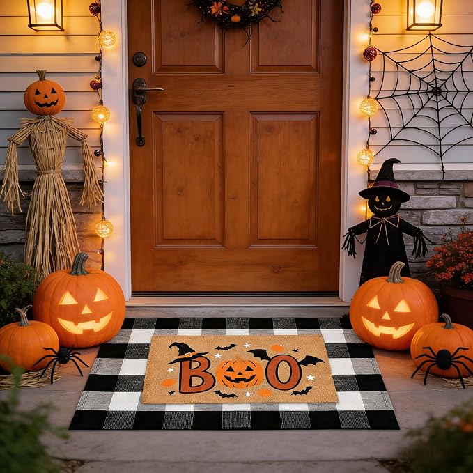 Halloween Decor Layered Front Doormat Set, Boo! Natural Coco Coir Door Mat + 28″x43″ Black White Buffalo Plaid Rug, Non-Slip Porch Rug Outdoor Entryway Fall Decor for Front Porch, Patio