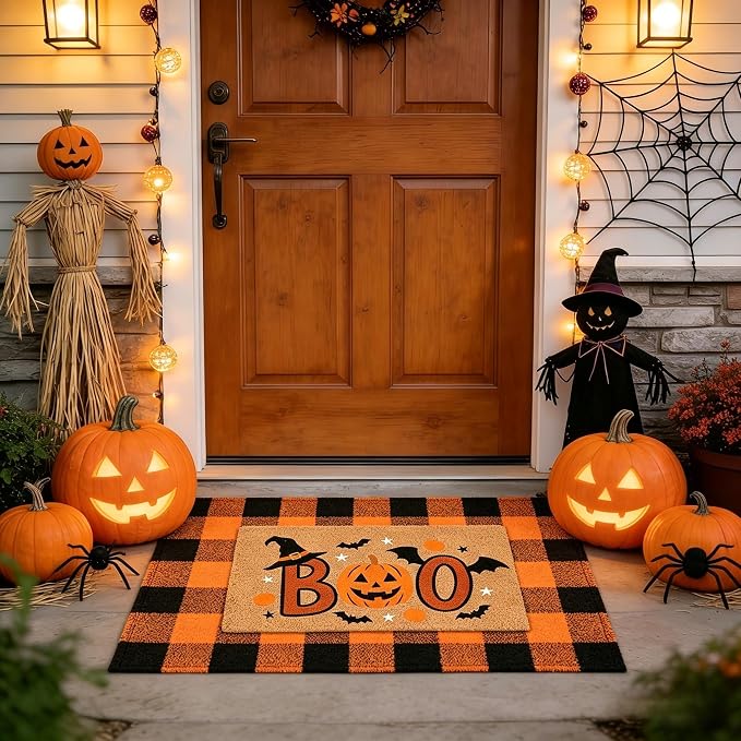 Halloween Decor Layered Front Doormat Set, Boo! Natural Coco Coir Door Mat + 28"x43" Orange Black Buffalo Plaid Rug, Non-Slip Porch Rug Outdoor Entryway Fall Decor for Front Porch, Patio - skull floor mat