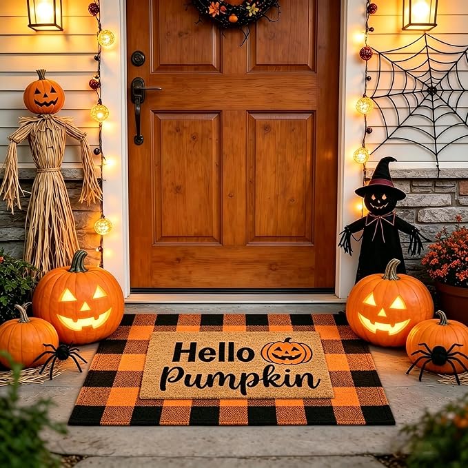 Fall Decor Halloween Layered Front Doormat Set, Hello Natural Coco Coir Door Mat + 28"x43" Orange Black Buffalo Plaid Rug, Non-Slip Porch Rug Outdoor Entryway Decor for Front Porch, Patio - skull floor mat