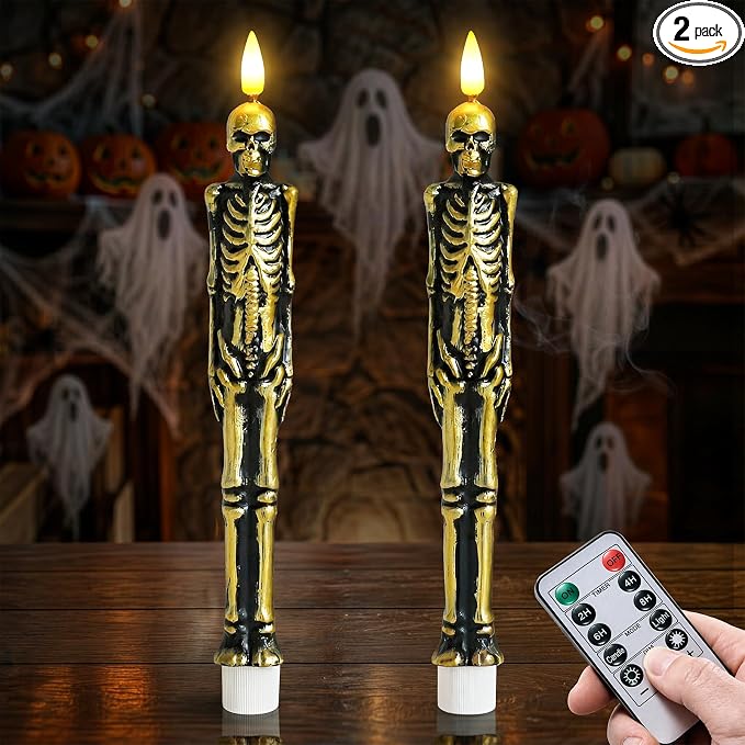 2 Pack Gold Skull Flameless Spooky Taper Candles with Remote & Timer, 0.78" x9.5" Battery Operated LED Candlesticks Real Wax Electric Flickering Light for Halloween Window Indoor Decor - skull lamp