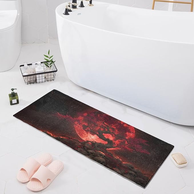 Tree Skull Moon Red Bathroom Runner Rug, 39”L x 20”W, Absorbent Non-Slip Bath Mat, Fashion Design Machine Wash Plush Mats for Bathroom - skull toilet mat