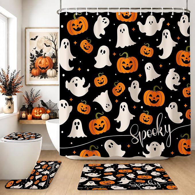 Halloween Shower Curtain Set 4-Piece Bathroom Set, Spooky Ghost Pumpkin Pattern Waterproof Polyester Bath Mat U-Shaped Mat Toilet Lid Cover and Shower Curtain Sets for Holiday Decor - skull toilet mat