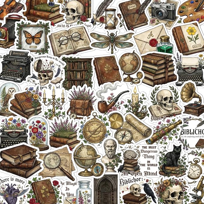 100 Pcs Dark Academia Stickers Gothic Bookish Decals - skull sticker