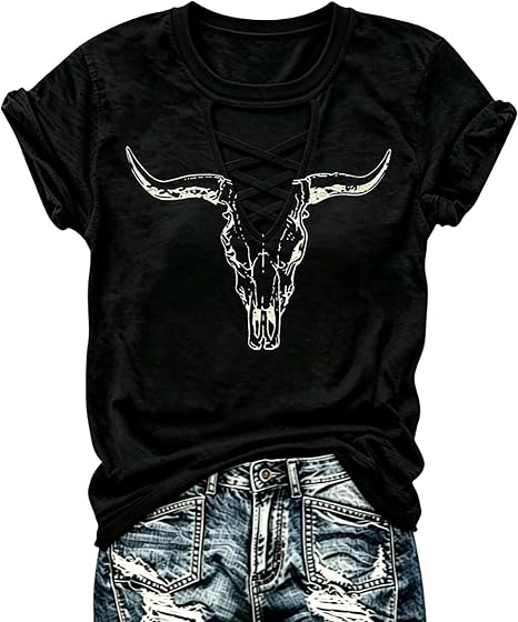 Retro Western Cowboy Shirt for Women's V-Neck Graphic Shirt Country Concert T-Shirt Summer Short-Sleeved Tees Tops - skull leggings