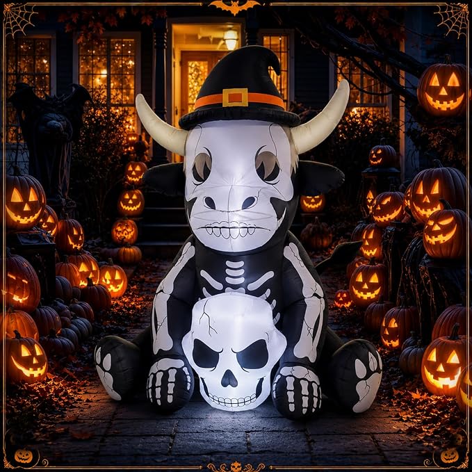 5 FT Halloween Inflatable Highland Cow Skeleton Outdoor Decor - skull inflatable