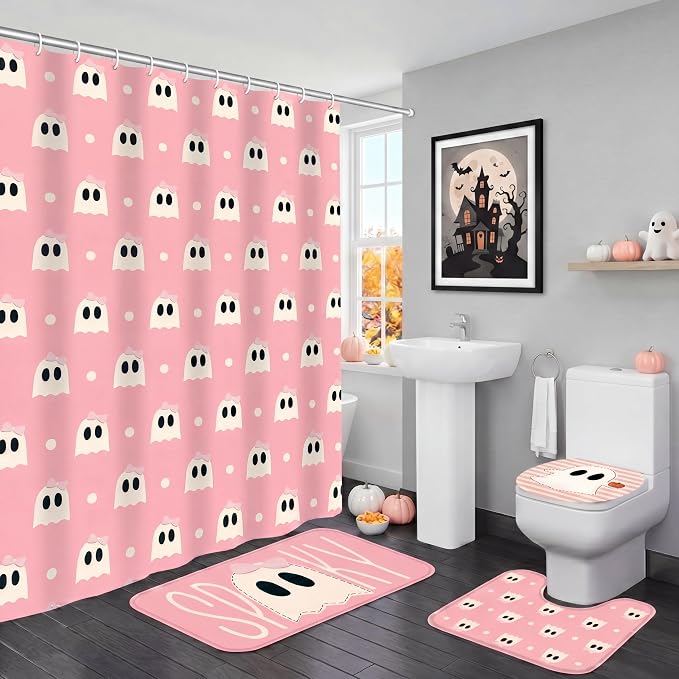 Boao 4 Pcs Pink Ghost Halloween Bathroom Shower Curtain Set 71"x71" - Cute - skull toilet mat