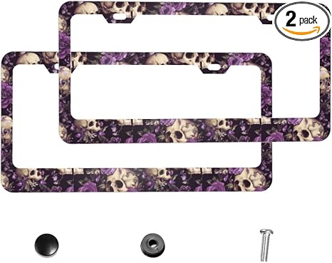 2 Packs License Plate Frame Psychedelic Cute Purple Flowers Skull Printed Aluminum Metal Licence Plate Holder Universal Fit Car for Men Women - skull plate