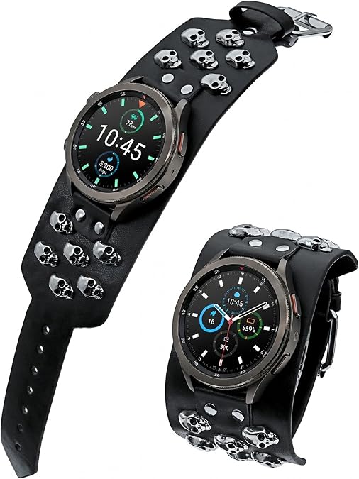 Leather Skull Cuff Punk Bracelet Compatible with Samsung Galaxy Watch 4/4 Classic/5/5 Pro/6/6 Classic/7/FE/8/8 Classic/9/Ultra/Ultra2 Bands,Cool Steampunk Strap for Samsung Galaxy Watch 40mm/44mm/43mm/45mm/46mm/47mm - skull watch