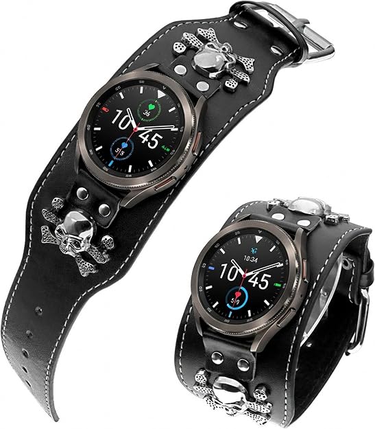 Leather Skull Cuff Punk Bracelet Compatible with Samsung Galaxy Watch 4/4 Classic/5/5 Pro/6/6 Classic/7/FE/8/8 Classic/9/Ultra/Ultra2 Bands,Cool Steampunk Strap for Samsung Watch 40mm/44mm/43mm/45mm/46mm/47mm - skull watch