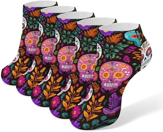 Sugar Skulls Mexican Floral Womens No Show Crew Socks for Men Low Cut Patterned Ankle Sock Running 5 Pair - sugar skull costume