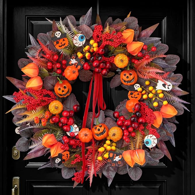 Halloween Wreaths for Front Door 24" Jack O'Lantern Halloween Wreath - skull wreath