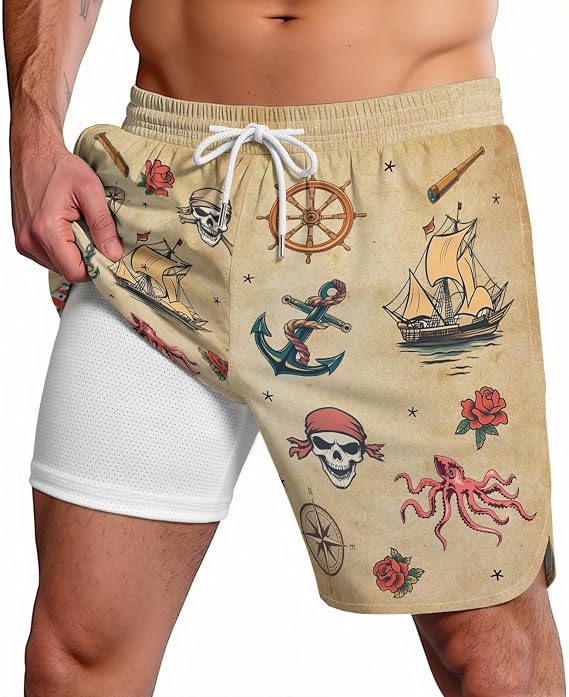 2 in 1 Mens Swim Trunks Funny Print Board Shorts Quick Dry Swimming Surf Shorts Compression Beach Wear - skull swimsuit
