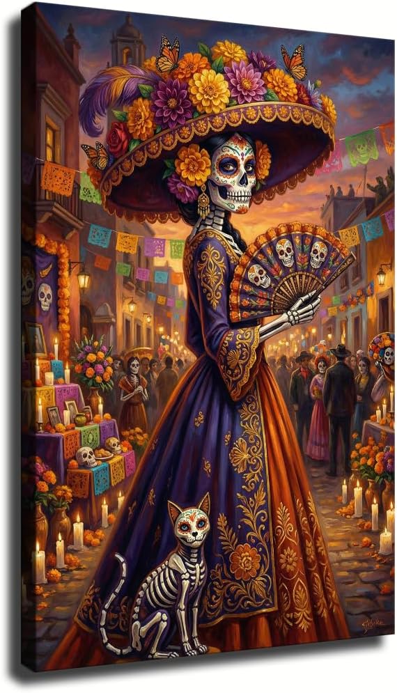 KUKISHINE Traditional Mexican La Catrina Painting, Sugar Skull Lady in Festival, Premium Canvas Print Poster Canvas Print Wall Art Bedroom Room Aesthetics Decoration (16x24inch Framed)