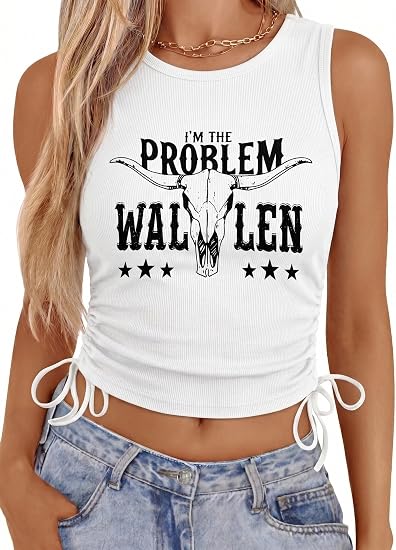 KIMSOONG I'm The Problem Tank Top for Women - Western Cowgirl Crop Shirts Country Music Fans Tshirt Y2K Outfits - skull tank tops