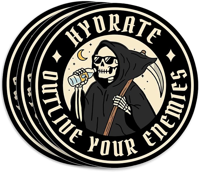 (3Pcs-2″) Hydrate Outlive Your Enemies Stickers Edgy Gothic Skeleton Dark Humor Meme Waterproof Die-Cut Vinyl Sticker for Laptop Water Bottle Funny Decal Gift for Her Him 2 Inches